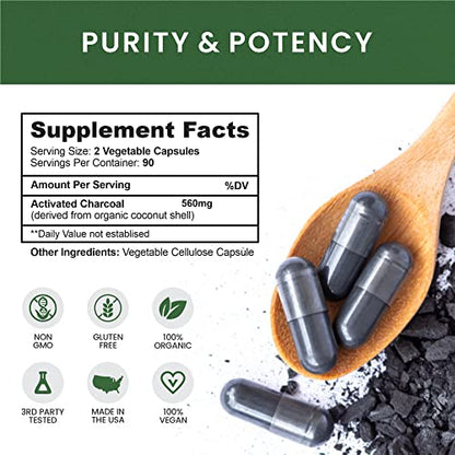 Coconut Activated Charcoal Capsules, 180 Charcoal Pills, Detox, Teeth Whitening, Reduce