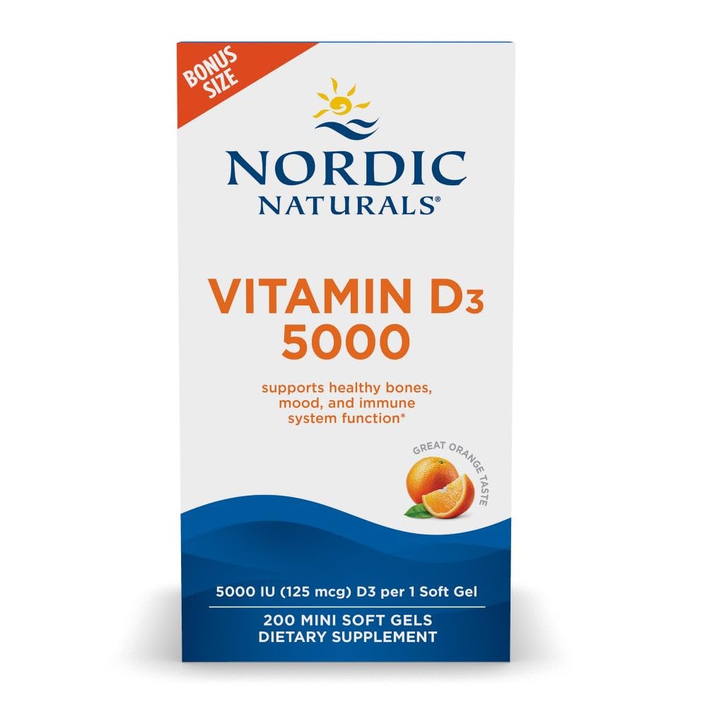 Nordic Naturals Vitamin D3 5000 IU,Non-GMO, Orange - 120 Mini Softgels | High-potency vitamin D3 for bone health, mood support & immune function. One mini softgel daily. Non-GMO. 120 servings
