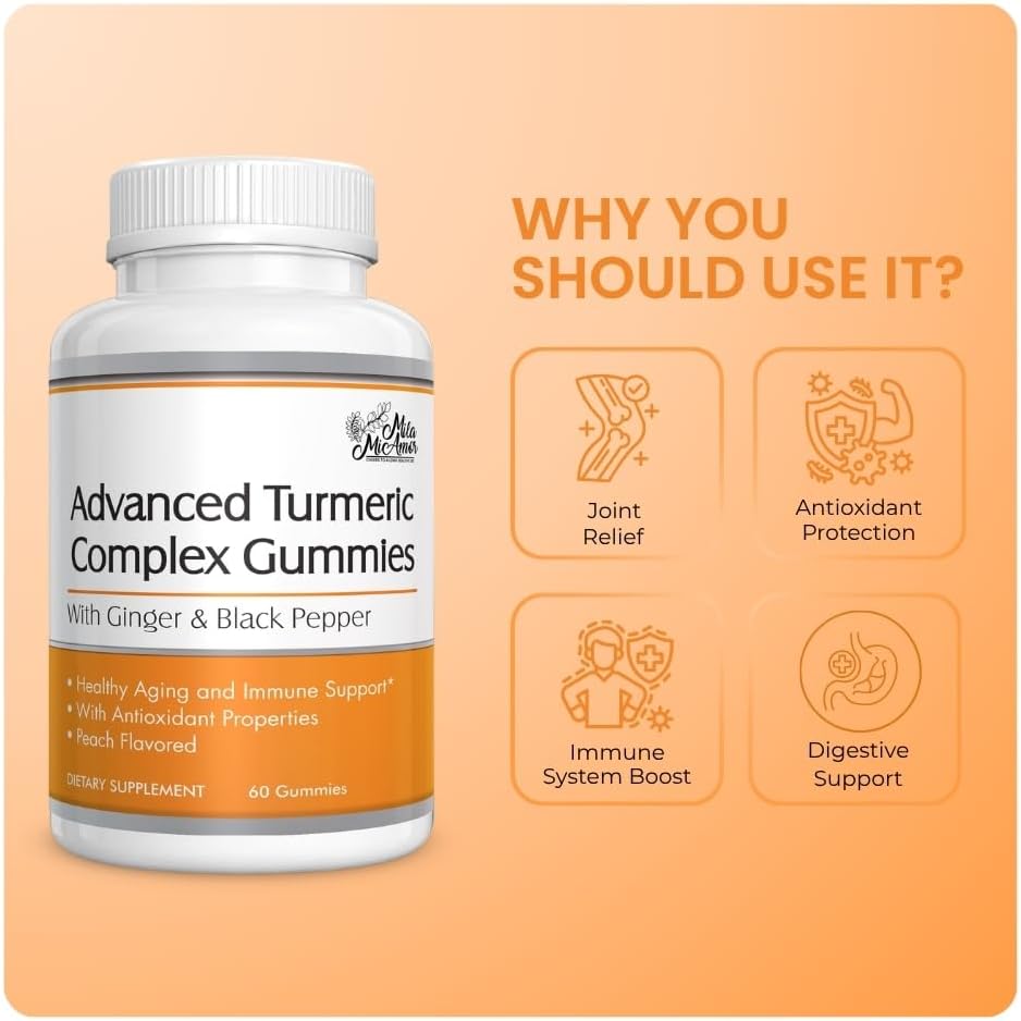 Advanced Turmeric Gummies Supplement with Ginger & Black Pepper Extract, Turmeric Complex, Vegan Dietary Supplement, Peach Flavor, 60 Gummies