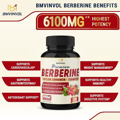 BMVINVOL Premium Berberine HCl 6-in1 Equivalent 6100mg - 120 Capsules - Plus Ceylon