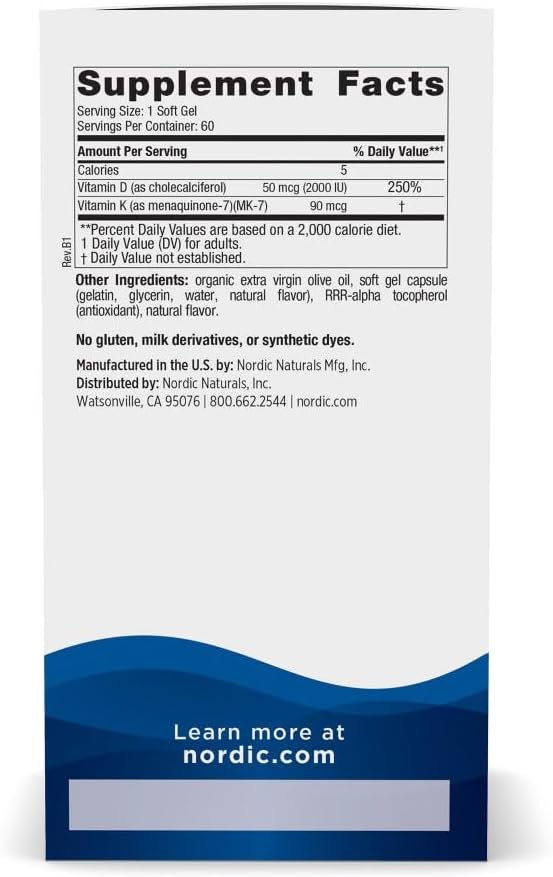 Nordic Naturals Vitamin D3 + K2, 2000 IU D3, Orange - 60 Softgels | Bone Health. Immune Support. Calcium Balance. Synergistic D3 + K2. Non-GMO. Plant-Based K2 MK-7. Orange Flavor Softgels.