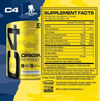 Cellucor C4 Original Pre Workout Powder Mango Foxtrot Sugar Free Preworkout