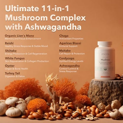 USDA Organic Lions Mane Supplement Capsules with Ashwagandha, Chaga, Reishi, Cordyceps