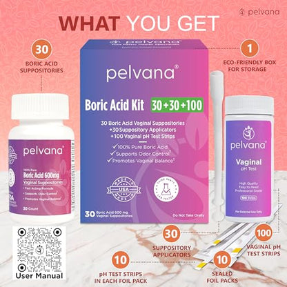 Pelvana Boric Acid Suppositories 30 + 30 Applicators + 100 pH Test Strips = 160 Piece