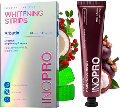 InoPro Teeth Whitening Strips 14 Treatments Kit + Nano-Hydroxyapatite Whitening Toothpaste with Probiotic for Sensitive Teeth - Mangosteen