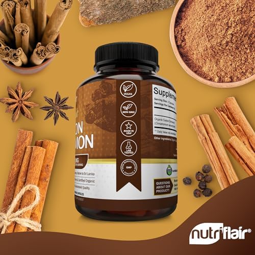 NutriFlair Organic Ceylon Cinnamon Supplement 1200mg, 120 Capsules - USDA Certified - Non-GMO, Gluten Free Powder, Antioxidant Pills