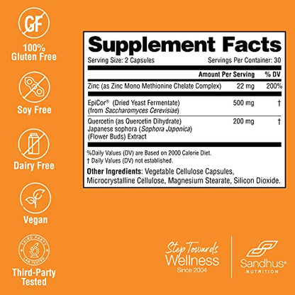 Sandhu's Zinc Quercetin with EpiCor® 60 Vegetarian Capsules - Gluten-Free Zinc