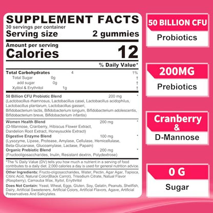 Probiotics for Women Gummies, Sugar Free Vaginal Probiotics 50 Billion CFU 10 Strains w/ Cranberry