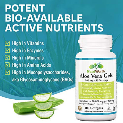NutriWorth Aloe Vera Supplement (100 Softgels) 20,000mg Pure Gel Equivalency