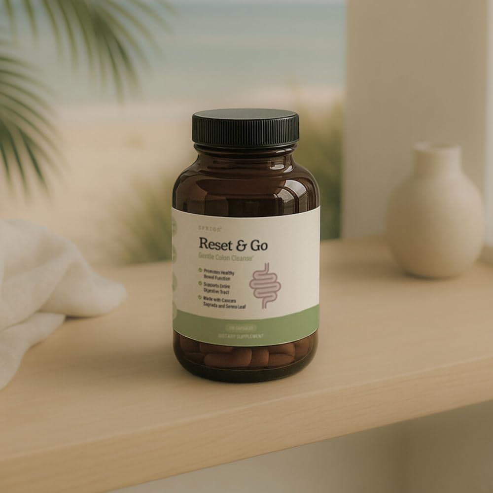 SPRIGS Reset & Go Dietary Supplement, 120 Capsules | Gentle Herbal Colon Cleanse to Support the Digestive Tract & Elimination Without Causing Urges to Go | Organic Ginger, Senna, Psyllium & Aloe Vera