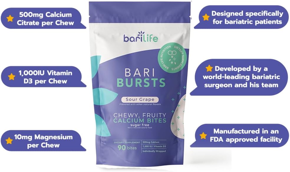 Bari Life Just One, Once Daily Bariatric Multivitamin with Iron (30 Tablets) and BariBurst Calcium Citrate Soft Chews for Gastric Bypass, Gastric Sleeve and Duodenal Switch (Sour Grape)