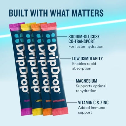 DripDrop Hydration Berry & Lemon Bundle, Electrolyte Packets, 64 Count | Lemon, Berry; 3X Electrolytes; Potassium, Magnesium, Zinc, Vitamin C; Single Serve; Portable; Daily Use, Workouts, Travel