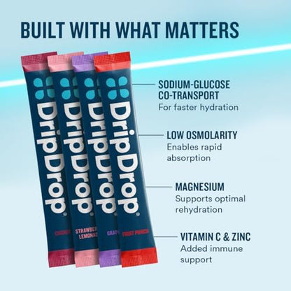 DripDrop Hydration Bold & Juicy Variety Bundle Electrolyte Packets, 64 Ct | Grape, Fruit Punch, Strawberry Lemonade, Cherry, Watermelon, Berry, Lemon, Orange; Single Serve Powder Drink Mix