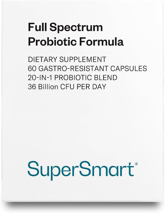 Supersmart Full Spectrum Probiotic Formula 36 Billion CFU per Day (20-in-1 Complex) - with Lactobacillus Reuteri, Gasseri, Rhamnosus, Crispatus | Non-GMO & Gluten Free - 60 Vegetarian Capsules