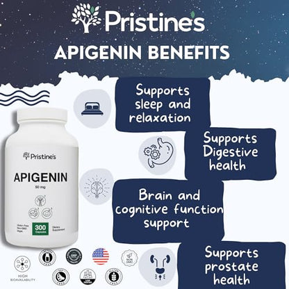 PRISTINE'S Apigenin Relaxation & Sleep Supplement Support - 50mg 300 Day Supply