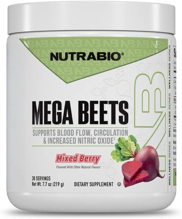 NutraBio Mega Beets Organic Beet Root Powder Nitric Oxide Superfood, NO3-T Nitrates and Antioxidants - Supports Performance, Circulation, Blood Flow, Overall Health - 30 Servings