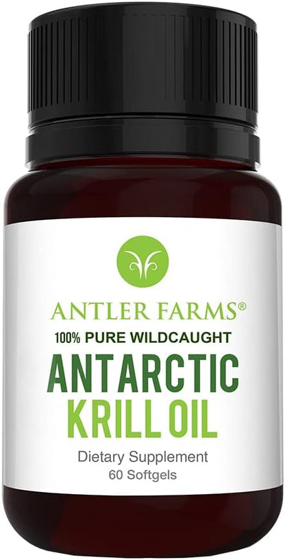 Antler Farms Wild Caught Antarctic Krill Oil - 60 Softgels | 100% Pure Antarctic Krill Oil from Cold, Pristine Waters, Clean, Omega-3 EPA + DHA Supplement w/Astaxanthin, Rapid Absorption
