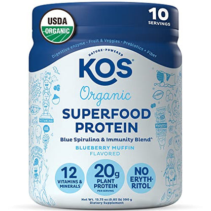 KOS Plant Based Protein Powder, Blueberry Muffin - Organic Pea Protein Superfood 