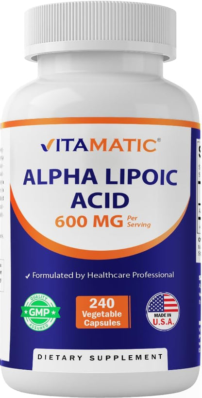 Vitamatic Alpha Lipoic Acid 600 mg Per Serving, 240 Veg Capsules | Support Antioxidant Activity*, Cellular Energy and Glucose Metabolism*, Non-GMO, Gluten Free, Made in USA