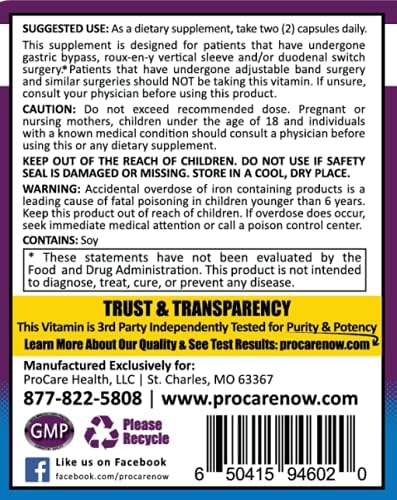 Core-45 + Probiotics Bariatric Multivitamin | Capsule | 180 Ct | ProCare Health | Bariatric Multivitamin + Probiotics | 45mg Iron | 180 Count | 3 Month Supply