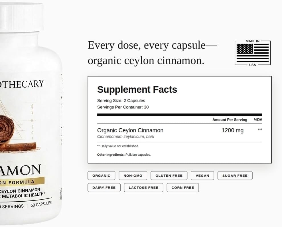 Organic Ceylon Cinnamon 1200mg True Cinnamon Capsules - Blood Sugar Support, Metabolism & Joint Health - Not Cassia, Pullulan Vegan Non-GMO Gluten Free - 60 Count