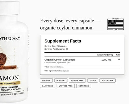 Organic Ceylon Cinnamon 1200mg True Cinnamon Capsules - Blood Sugar Support, Metabolism & Joint Health - Not Cassia, Pullulan Vegan Non-GMO Gluten Free - 60 Count