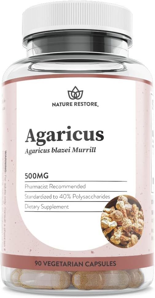Nature Restore Agaricus Blazei Murill Mushroom Extract Capsules. Standardized High Polysaccharides for Advanced Cellular & Immune Support. Bioavailable Fruiting Body, 100% Vegan