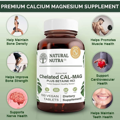 Natural Nutra Chelated Calcium Magnesium 1000/500 mg Supplements Plus Betaine HCL - Chelated Cal Mag Improves Bone Density, Supports Muscle, Teeth, Cardiovascular & Nerve Health, 100 Vegan Tablets