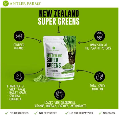 Antler Farms New Zealand Super Greens Powder - Organic, 40 Servings, 200g | 100% Pure, Wheat Grass, Barley Grass, Chlorella, Spirulina - Vegan, Gluten Free, Chlorophyll Rich, for Energy and Detox