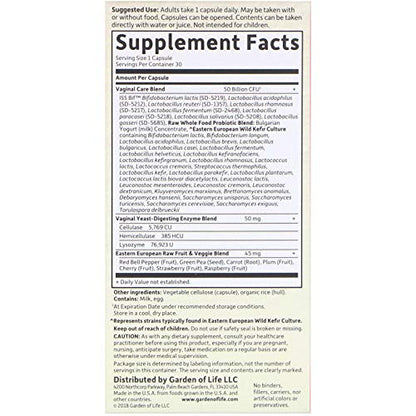 Raw Probiotics Vaginal Care, 30 Vegetarian Capsules - Garden of Life, promote yeast balance