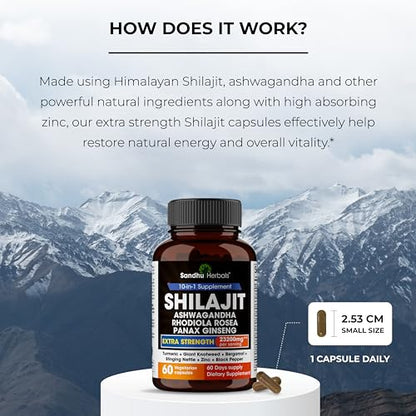 Sandhu Herbals Shilajit Pure Himalayan 23200mg All in 1 supplement, 60 capsules