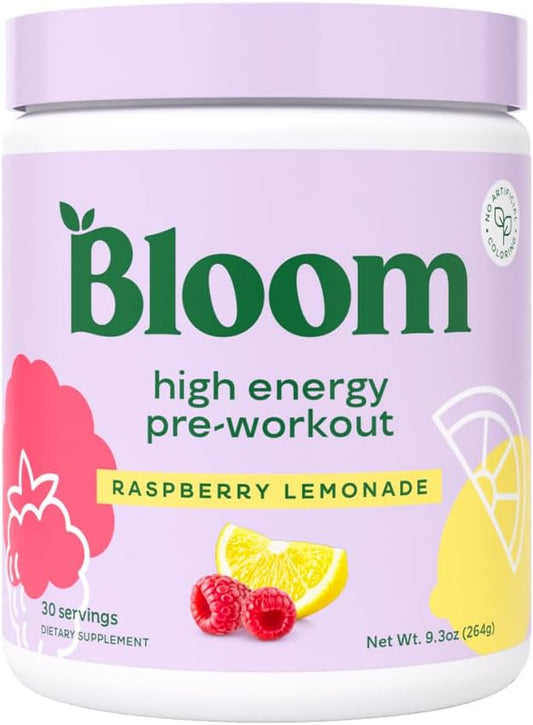 Bloom Nutrition Pre Workout Powder, Raspberry Lemonade, 30 Servings | Beta Alanine, Ginseng and L Tyrosine for Amino Energy, Natural Caffeine from Green Tea Extract, Keto, Sugar Free Drink Mix