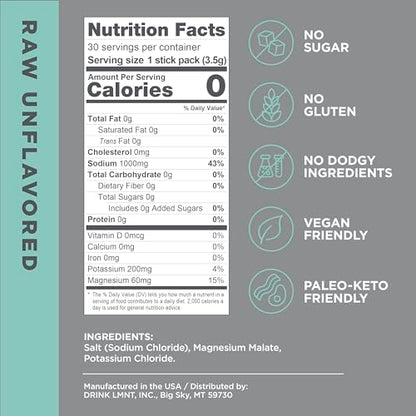 LMNT Zero-Sugar Electrolytes - Raw Unflavored Salt - Hydration Powder Packets