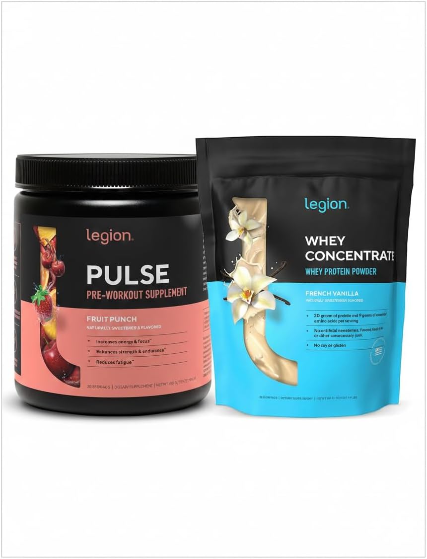 LEGION Muscle & Energy Stack – Whey Protein Powder (Vanilla, 30 Servings) + Pulse Pre Workout (Fruit Punch) – Clean Protein & Natural Energy for Strength, Muscle Growth & Recovery
