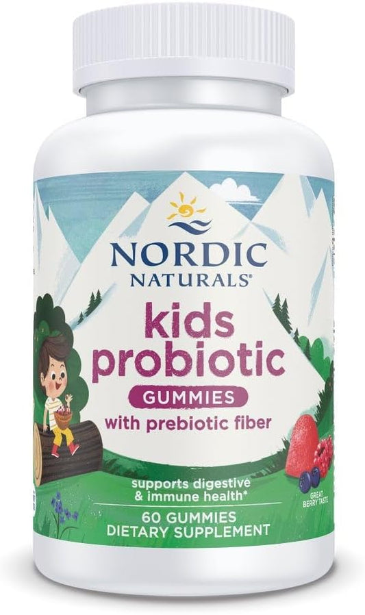 Nordic Naturals Kids Nordic Flora Probiotic Gummies, 1.5B CFU - 60 Count | Supports digestive & immune health. 1.5B CFU probiotics + prebiotic fiber. Non-GMO, Vegan. Berry Punch flavor. 30 Servings