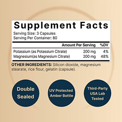 Potassium Magnesium Supplement – 200mg + | 240 Capsules Easily Absorbed Citrate