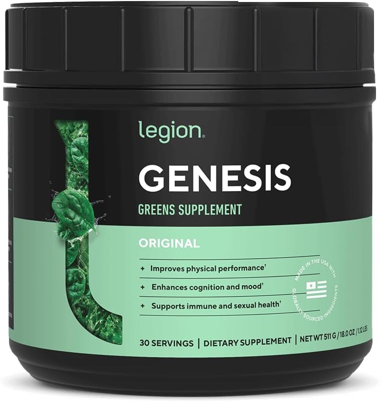 LEGION Genesis Greens – Super Greens Powder with Organic Spirulina & Matcha – Daily Green Superfood Supplement with Adaptogens for Energy, Digestion, Immunity & Detox