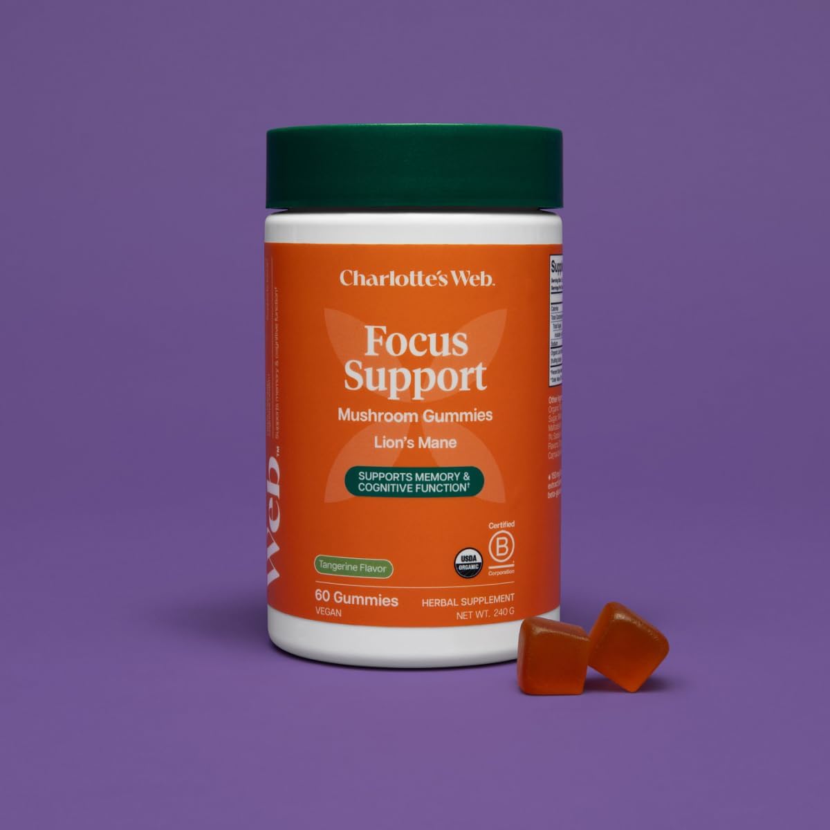 Charlotte's Web Focus Support Mushroom Gummies for Focus and Energy w/Lion’s Mane, Natural Cognitive Support Lions Mane Gummies for Adults — Tangerine Flavor (30 Servings)