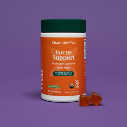 Charlotte's Web Focus Support Mushroom Gummies for Focus and Energy w/Lion’s Mane, Natural Cognitive Support Lions Mane Gummies for Adults — Tangerine Flavor (30 Servings)