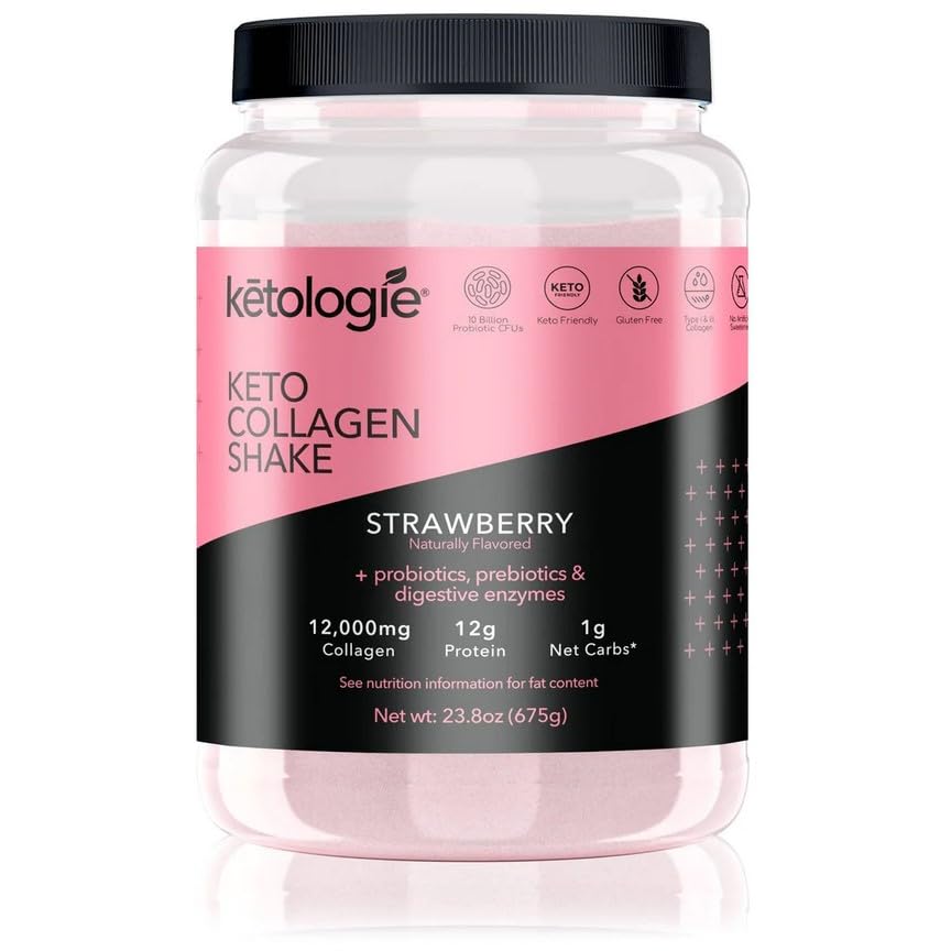 Ketologie Keto Collagen Shake (Strawberry) - with Coconut Oil, Probiotics, Grass Fed Hydrolyze