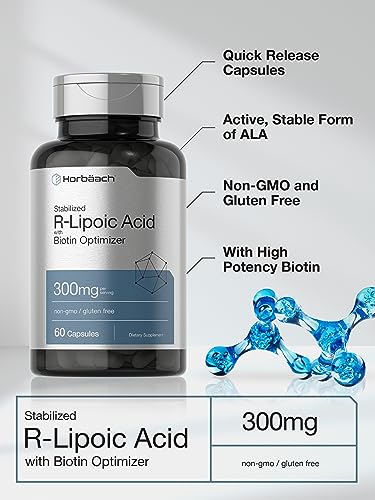 Stabilized R-Lipoic Acid 300mg | 60 Capsules | with Biotin Optimizer | Non-GMO, Gluten