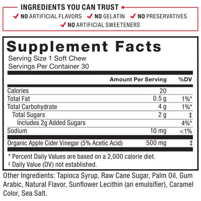 Force Factor Organic Apple Cider Vinegar Soft Chews for Digestion and Metabolism