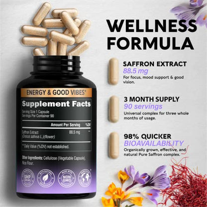 Natural Saffron Supplements - Pure Saffron Extract 88.5 mg - Made in USA - Mood