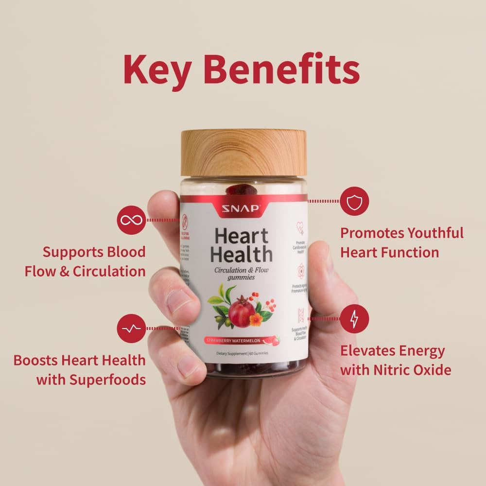 Snap Supplements Heart Health Gummies, CoQ10, Sugar-Free, 60 Vegan Gummies | Blood Circulation Supplements, Heart Health Supplements, Blood Flow Supplement, Gluten-Free, Non-GMO, Grapeseed, Blueberry