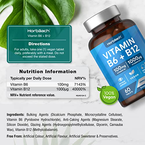 Vitamin B6 and B12 Tablets High Strength | 60 Count | with 100mg of Vitamin B6