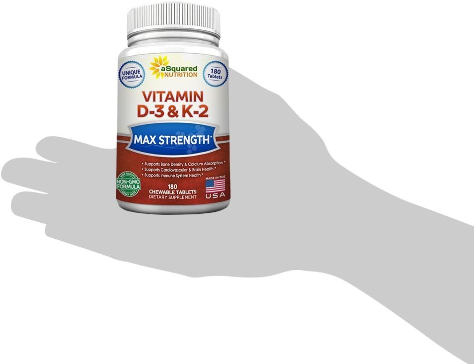Vitamin D3 with K2 Supplement - 180 Chewable Tablets: Vit D-3 2000 IU & K-2 | Max Strength D3 K2 - Pure D-3 Cholecalciferol & K-2 MK7 to Support Healthy Bones, Teeth, Heart - Antioxidant Energy Formula