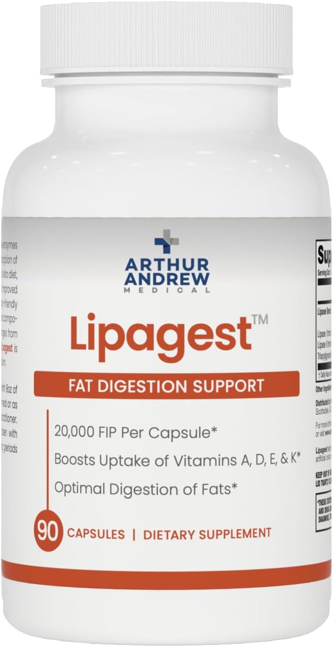 Arthur Andrew Medical, Lipagest, Lipase Enzyme, 20,000 FIP | Highly Potent Lipase Enzyme 20,000 FIP. Optimal Digestion of Fats - No Gallblader & Keto Support