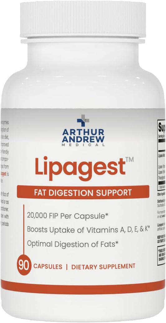 Arthur Andrew Medical, Lipagest, Lipase Enzyme, 20,000 FIP | Highly Potent Lipase Enzyme 20,000 FIP. Optimal Digestion of Fats - No Gallblader & Keto Support
