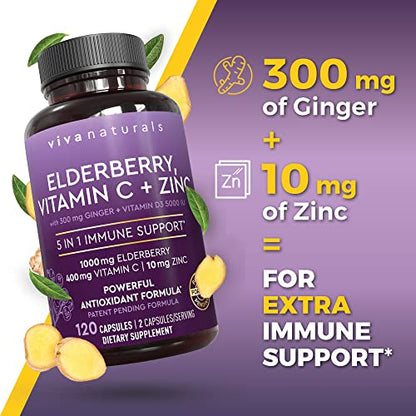 Viva Naturals Sambucus Elderberry with Vitamin C and Zinc for Adults - 5 in 1 Sambucus