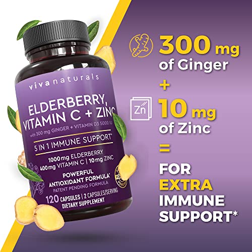 Viva Naturals Elderberry with Vitamin C and Zinc for Adults - 5 in 1 Sambucus Black